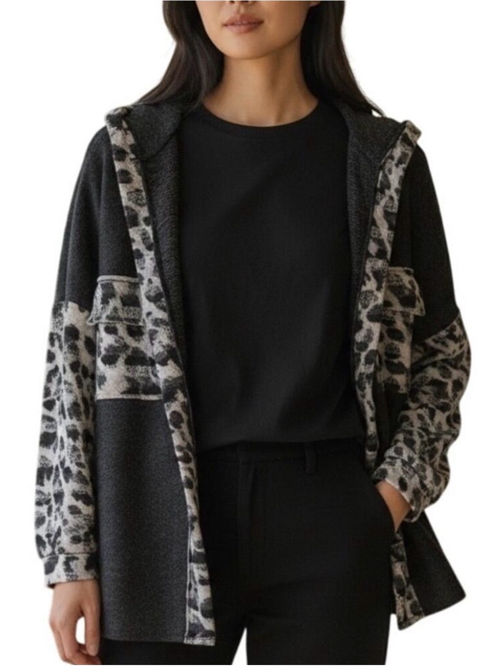Hailey & Co NEW Leopard Hoodie Shacket Womens Large Black Shirt Jacket Animal